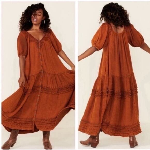 Free People Sunday Stroll Orange Bohemian cotton Maxi Dress 😍 - Picture 6 of 14